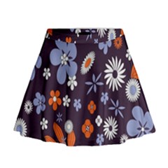 Bright Colorful Busy Large Retro Floral Flowers Pattern Wallpaper Background Mini Flare Skirt