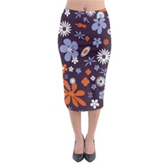 Bright Colorful Busy Large Retro Floral Flowers Pattern Wallpaper Background Midi Pencil Skirt by Nexatart
