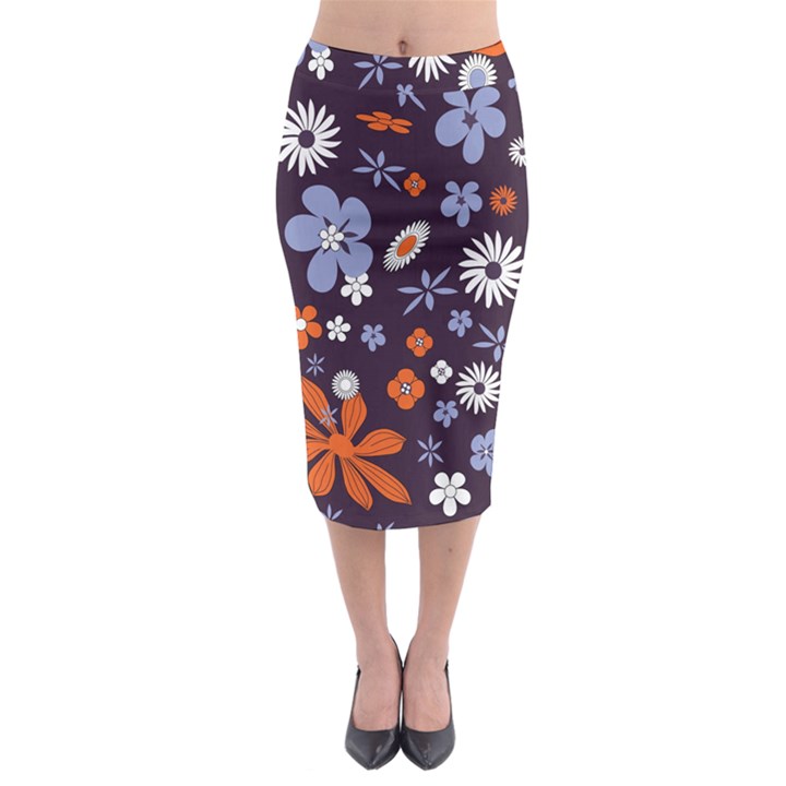 Bright Colorful Busy Large Retro Floral Flowers Pattern Wallpaper Background Midi Pencil Skirt