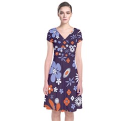 Bright Colorful Busy Large Retro Floral Flowers Pattern Wallpaper Background Short Sleeve Front Wrap Dress