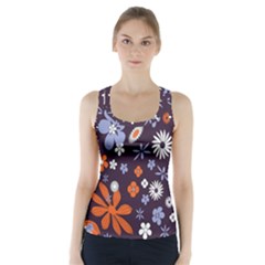 Bright Colorful Busy Large Retro Floral Flowers Pattern Wallpaper Background Racer Back Sports Top