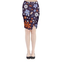 Bright Colorful Busy Large Retro Floral Flowers Pattern Wallpaper Background Midi Wrap Pencil Skirt