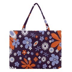 Bright Colorful Busy Large Retro Floral Flowers Pattern Wallpaper Background Medium Tote Bag