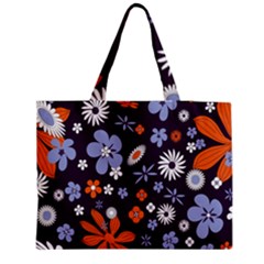 Bright Colorful Busy Large Retro Floral Flowers Pattern Wallpaper Background Medium Zipper Tote Bag