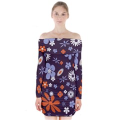 Bright Colorful Busy Large Retro Floral Flowers Pattern Wallpaper Background Long Sleeve Off Shoulder Dress