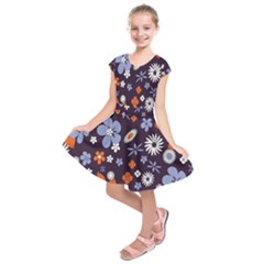 Bright Colorful Busy Large Retro Floral Flowers Pattern Wallpaper Background Kids  Short Sleeve Dress