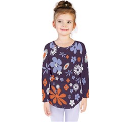 Bright Colorful Busy Large Retro Floral Flowers Pattern Wallpaper Background Kids  Long Sleeve Tee