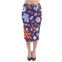 Bright Colorful Busy Large Retro Floral Flowers Pattern Wallpaper Background Velvet Midi Pencil Skirt