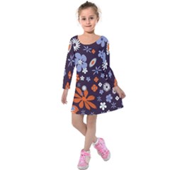 Bright Colorful Busy Large Retro Floral Flowers Pattern Wallpaper Background Kids  Long Sleeve Velvet Dress
