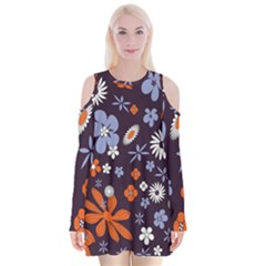 Bright Colorful Busy Large Retro Floral Flowers Pattern Wallpaper Background Velvet Long Sleeve Shoulder Cutout Dress