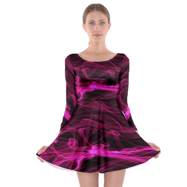 Abstract Pink Smoke On A Black Background Long Sleeve Skater Dress
