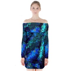 Underwater Abstract Seamless Pattern Of Blues And Elongated Shapes Long Sleeve Off Shoulder Dress by Nexatart