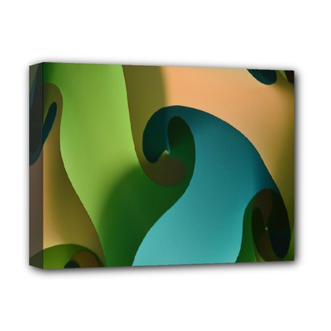 Ribbons Of Blue Aqua Green And Orange Woven Into A Curved Shape Form This Background Deluxe Canvas 16  x 12  