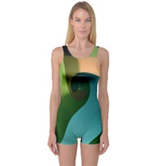 Ribbons Of Blue Aqua Green And Orange Woven Into A Curved Shape Form This Background One Piece Boyleg Swimsuit