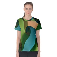 Ribbons Of Blue Aqua Green And Orange Woven Into A Curved Shape Form This Background Women s Cotton Tee
