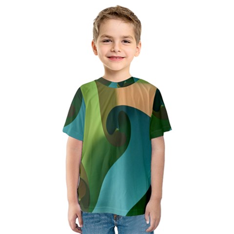 Ribbons Of Blue Aqua Green And Orange Woven Into A Curved Shape Form This Background Kids  Sport Mesh Tee by Nexatart