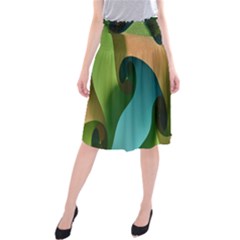 Ribbons Of Blue Aqua Green And Orange Woven Into A Curved Shape Form This Background Midi Beach Skirt