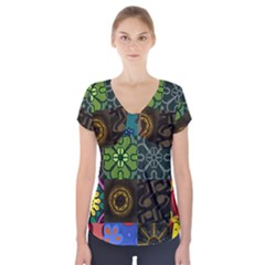 Digitally Created Abstract Patchwork Collage Pattern Short Sleeve Front Detail Top by Nexatart