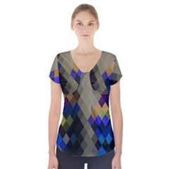 Background Of Blue Gold Brown Tan Purple Diamonds Short Sleeve Front Detail Top by Nexatart