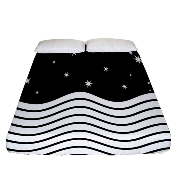 Black And White Waves And Stars Abstract Backdrop Clipart Fitted Sheet (King Size)