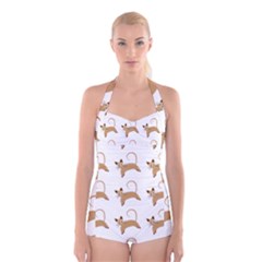 Cute Cats Seamless Wallpaper Background Pattern Boyleg Halter Swimsuit 