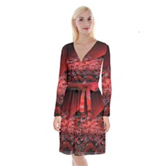 Red Fractal Valley In 3d Glass Frame Long Sleeve Velvet Front Wrap Dress by Nexatart