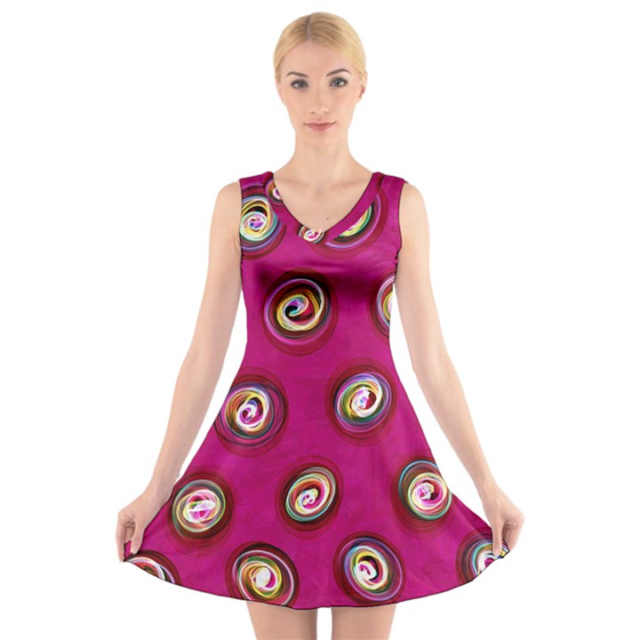 Digitally Painted Abstract Polka Dot Swirls On A Pink Background V-Neck Sleeveless Skater Dress