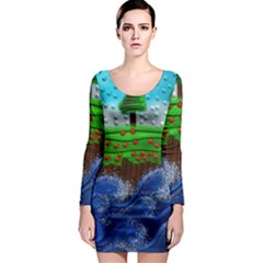 Beaded Landscape Textured Abstract Landscape With Sea Waves In The Foreground And Trees In The Background Long Sleeve Bodycon Dress by Nexatart