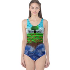 Beaded Landscape Textured Abstract Landscape With Sea Waves In The Foreground And Trees In The Background One Piece Swimsuit by Nexatart