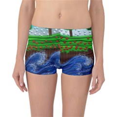 Beaded Landscape Textured Abstract Landscape With Sea Waves In The Foreground And Trees In The Background Reversible Bikini Bottoms by Nexatart