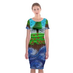 Beaded Landscape Textured Abstract Landscape With Sea Waves In The Foreground And Trees In The Background Classic Short Sleeve Midi Dress by Nexatart