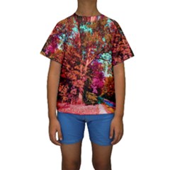 Abstract Fall Trees Saturated With Orange Pink And Turquoise Kids  Short Sleeve Swimwear by Nexatart