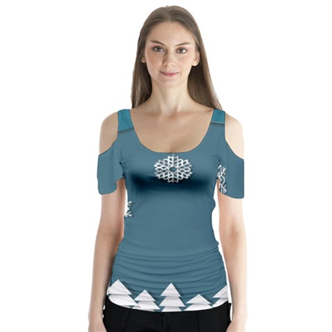 Blue Snowflakes Christmas Trees Butterfly Sleeve Cutout Tee  by Mariart