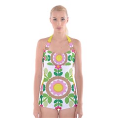 Flower Floral Sunflower Sakura Star Leaf Boyleg Halter Swimsuit  by Mariart