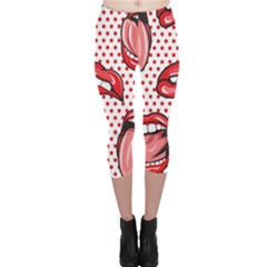 Lipstick Lip Red Polka Dot Circle Capri Leggings  by Mariart