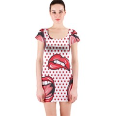 Lipstick Lip Red Polka Dot Circle Short Sleeve Bodycon Dress