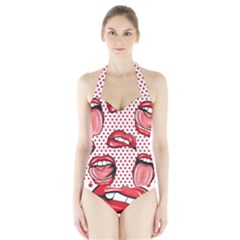 Lipstick Lip Red Polka Dot Circle Halter Swimsuit