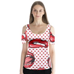 Lipstick Lip Red Polka Dot Circle Butterfly Sleeve Cutout Tee 