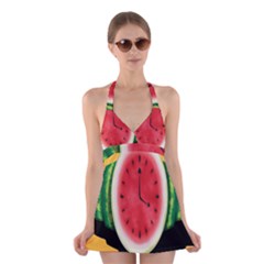 Watermelon Slice Red Orange Green Black Fruite Time Halter Swimsuit Dress by Mariart