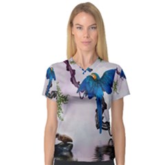 Wonderful Blue Parrot In A Fantasy World Women s V-neck Sport Mesh Tee