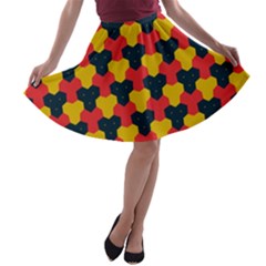 Red Blue Yellow Shapes Pattern        A-line Skater Skirt by LalyLauraFLM