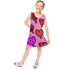 Valentine Wallpaper Whimsical Cartoon Pink Love Heart Wallpaper Design Kids  Tunic Dress by Nexatart