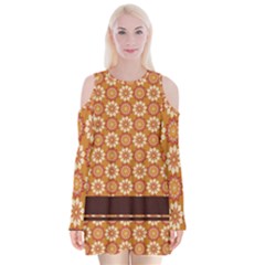 Floral Seamless Pattern Vector Velvet Long Sleeve Shoulder Cutout Dress