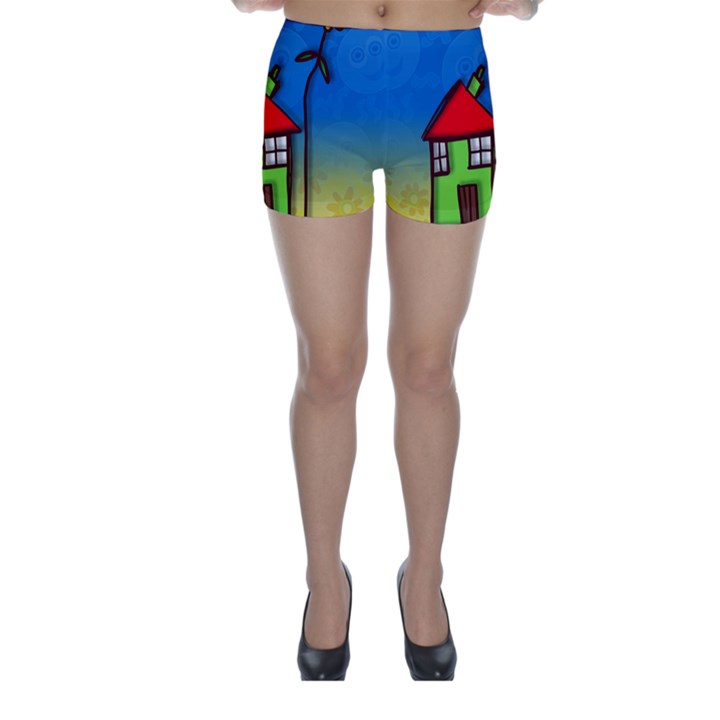 Colorful Illustration Of A Doodle House Skinny Shorts