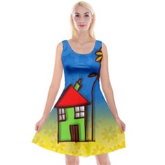 Colorful Illustration Of A Doodle House Reversible Velvet Sleeveless Dress by Nexatart