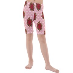 Pink Polka Dot Background With Red Roses Kids  Mid Length Swim Shorts by Nexatart