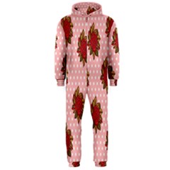 Pink Polka Dot Background With Red Roses Hooded Jumpsuit (men)  by Nexatart