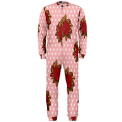 Pink Polka Dot Background With Red Roses Onepiece Jumpsuit (men)  by Nexatart