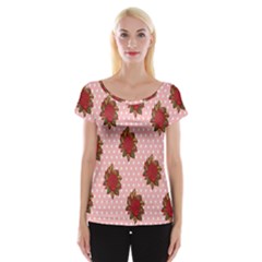 Pink Polka Dot Background With Red Roses Women s Cap Sleeve Top by Nexatart