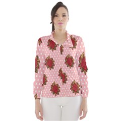 Pink Polka Dot Background With Red Roses Wind Breaker (women) by Nexatart